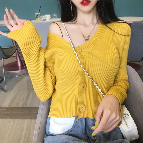 

women knitted sweater autumn cozy white black yellow blue cardigan long sleeve open stitch casual sweater button loose cardigan