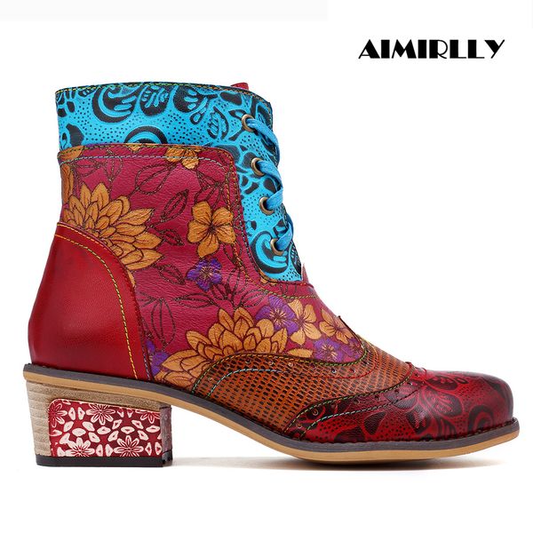 

women's booties genuine leather ankle boots round toe retro patchwork flower print female shoes lace up autumn spring aimirlly, Black