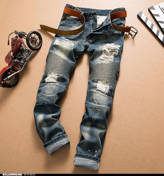 

fashion new men jeans cool mens distressed ripped jeans fashion designer straight motorcycle biker jeans causal, Blue