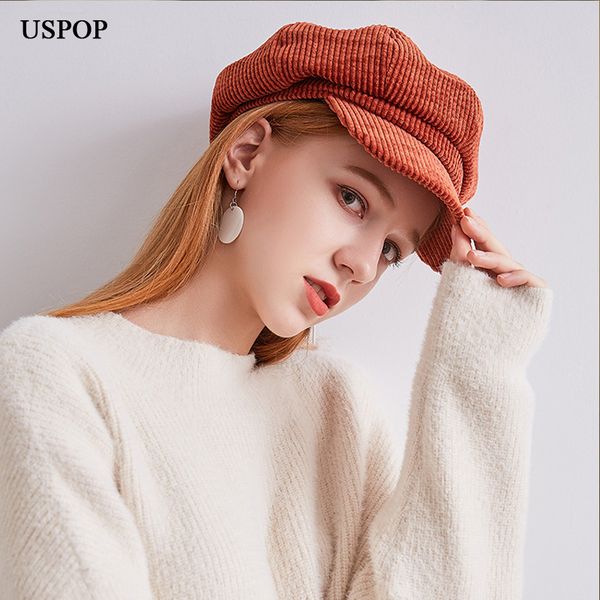 

uspop 2019 горячей вельвет восьмиугольных шляп женщин сплошного цвета береты мягкого ретро восьмиклинок козырька кепки женских теплый зимних, Blue;gray