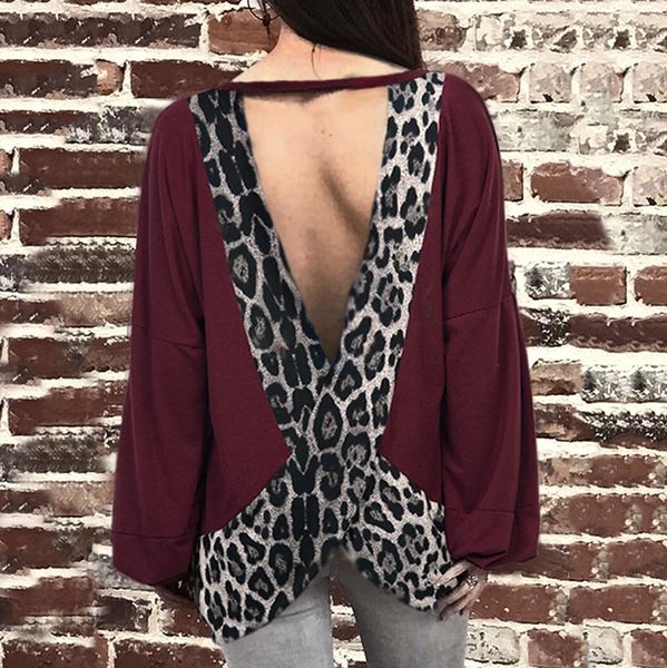 

leopard print women blouse autumn o-neck long sleeve color block exposed back blouse blusas mujer de moda 2019, White