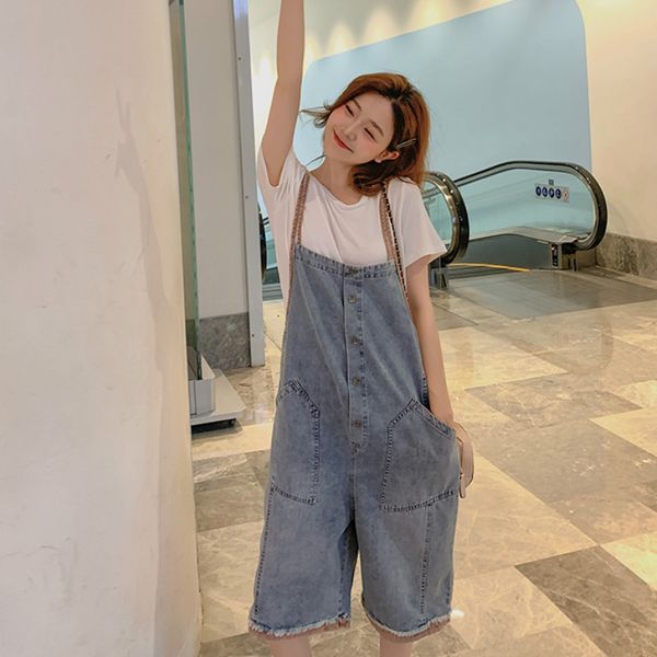 

2020 summer women washed denim wide leg shorts overalls female fashion short jeans pants loose casual suspender trouser jumpsuit, Blue