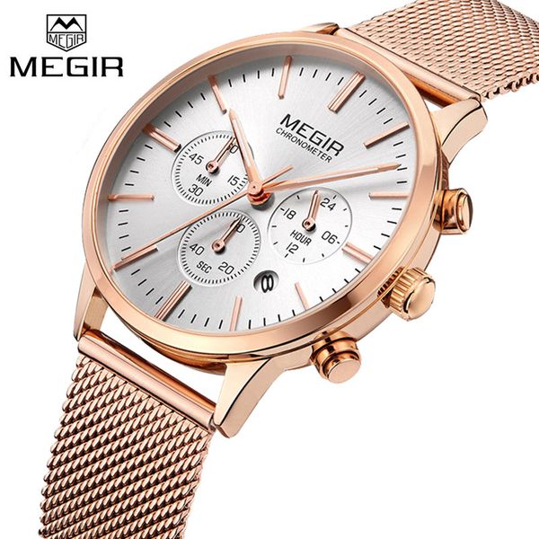 

megir date chronograph women watch luxury brand lover female clocks mesh steel classic lady watches dress business clock box, Slivery;brown