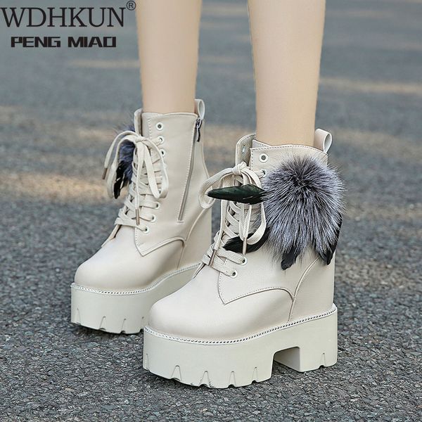 

wdhkun new 2020 winter hidden high heels boots fashion fur ball warm ankle boots for women platform pu leather shoes woman, Black