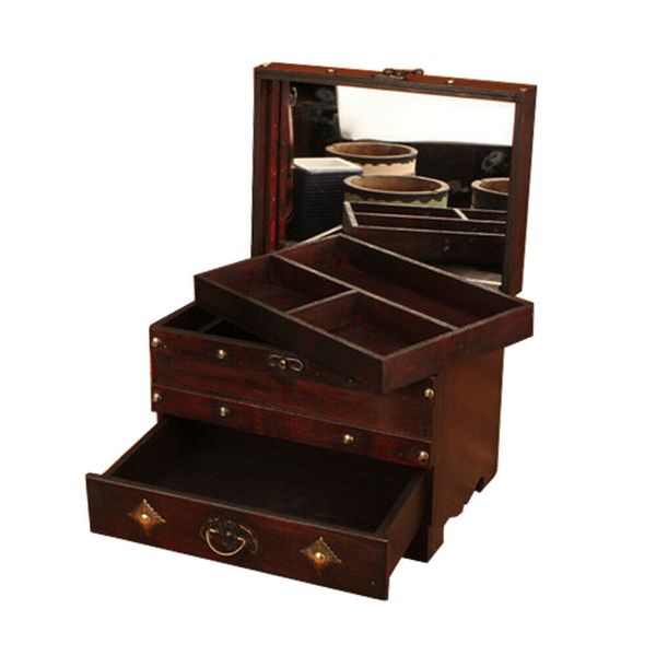 Antique Finish Retro Wood Jewelry Storage Box Case Chest Boxes