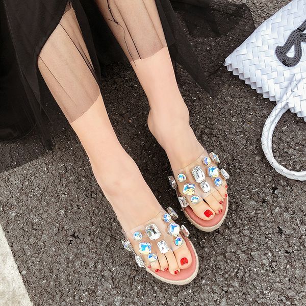 

beach shoes rivet woman's slippers platform glitter slides low shose women on a wedge sabot 2020 jelly soft hoof heels rome, Black