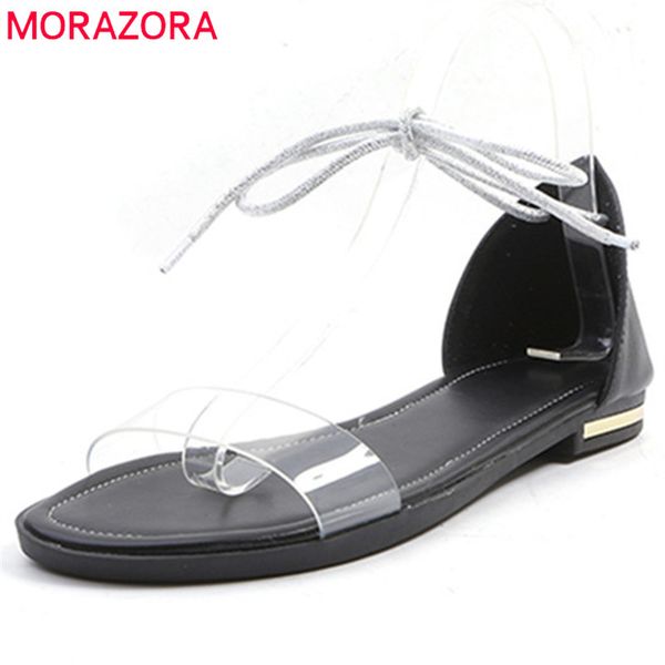 

morazora 2020 new arrive women sandals simple lace-up summer shoes big size 33-45 genuine leather comfortable flat shoes woman, Black