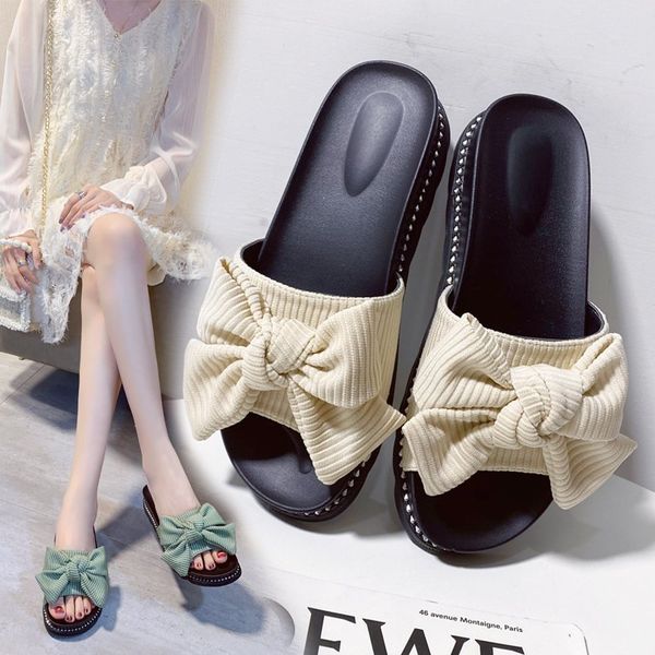 

slippers women summer women's shoes with platform slides flock pantofle butterfly-knot soft 2020 flat rome, Black