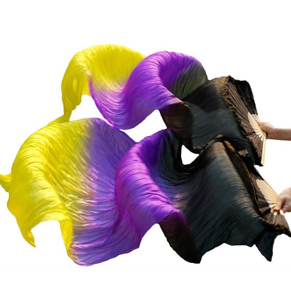 1 пара 100% Silk Dancing Stage Performance Вентиляторы Реквизит 180x90cm мужской танец живота Бамбуковые Ребра длинные шелковые Fans черный + фиолетовый + желтый