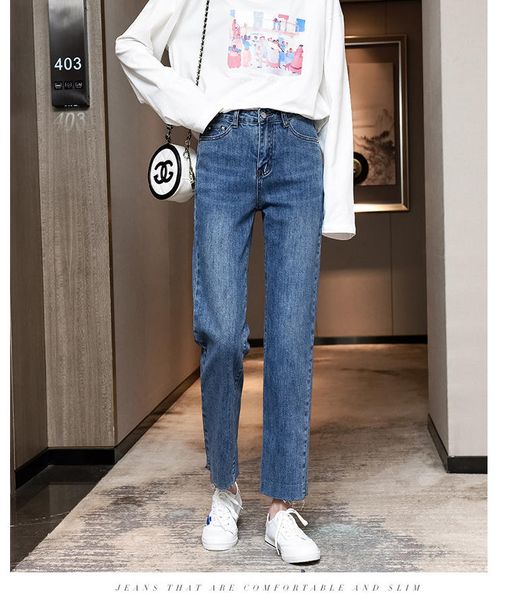 

deep blue straight jeans female loose show thin