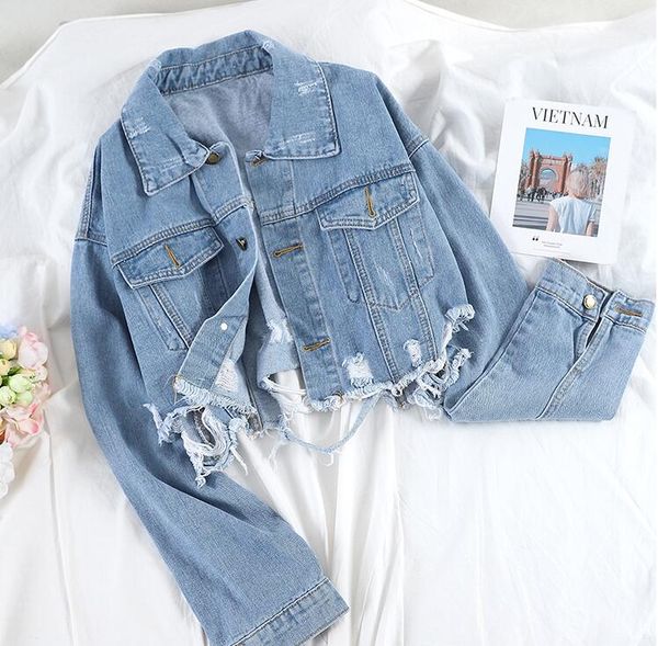

spring autumn women's ripped hole casual loose denim jacket female vintage high waist plus size short jean jacket tb833, Black;brown
