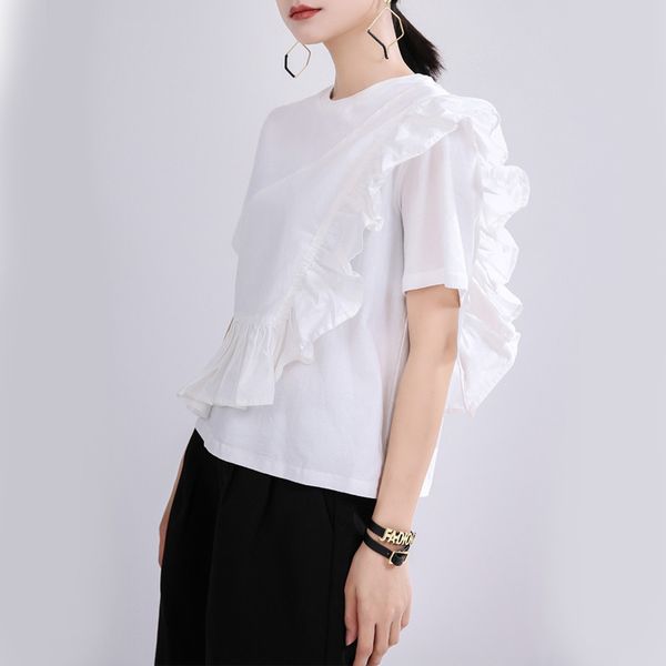 

spring summer 2020 women black ruffles split joint temperament t-shirt new round neck short sleeve fashion tide v837, White