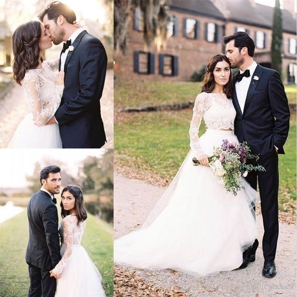

Sexy Outdoor Country Two Piece Wedding Dresses A Line 2019 Newest Long Sleeve Lace Appliques Tulle Sweep Train Wedding Bridal Gowns