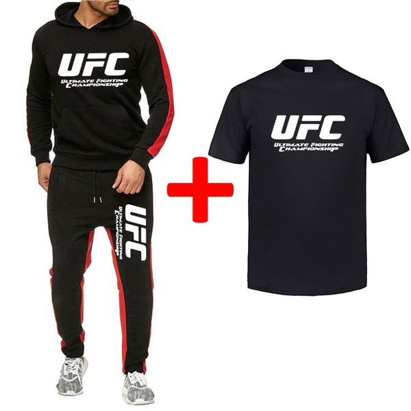 

2019 men's printed ufc autumn and winter sports suit casual sweater + sports pants + t-shirt 3 sets of brand fitness men's suit, Black;blue