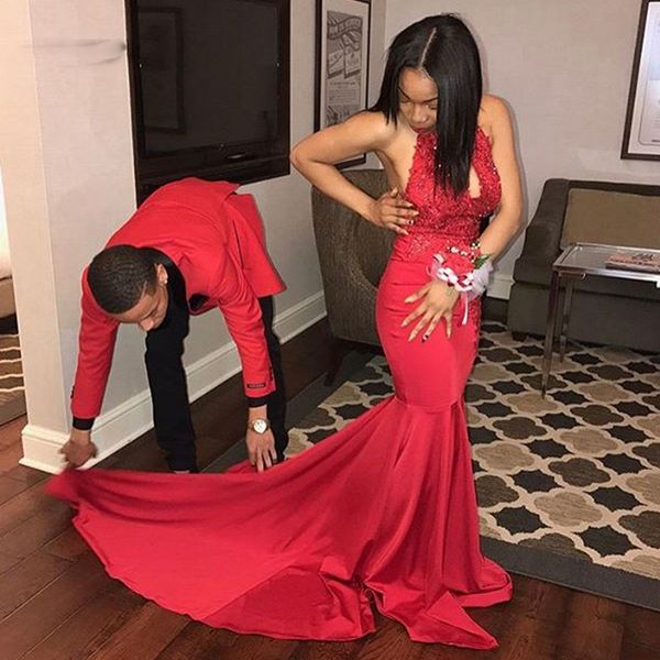 

mermaid halter neck backless prom dresses 2019 beaded lace applique red long party gowns for black girls galajurken