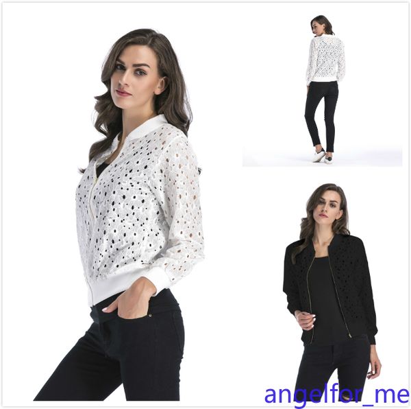 

long sleeve zipper jacket lace hollow-out blouse top, Black;brown