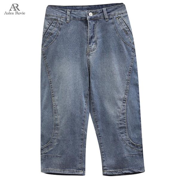 

women jeans casual high waist plus size loose zipper splice calf-length mom denim harem pants 4xl 5xl, Blue