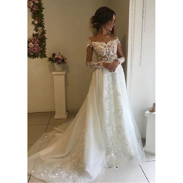 

modest lace wedding dresses 2019 vestidos de novia long sleeve bridal gowns sweep train handmade trouwjurk, White