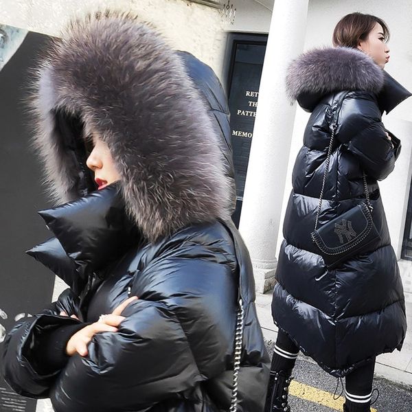 

2019 new style winter korean-style dongdaemun x2 large fur collar down jacket women's mid-length long over-the-knee thick black, Black;white