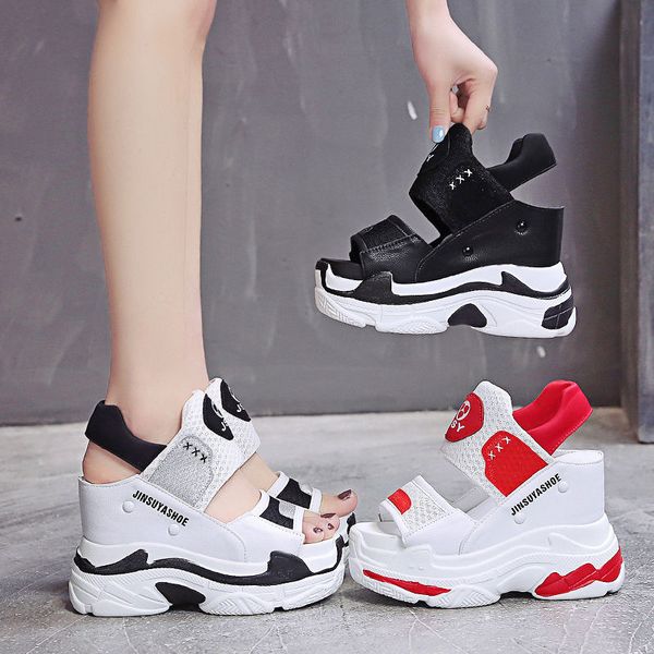 

new fashion trend wedge high heels sandals lady shoes colorful casual women leather slipper, Black