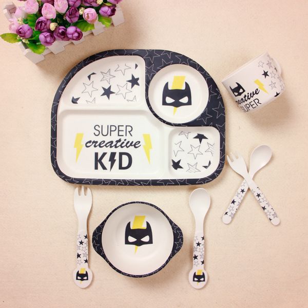 

5pcs/sets baby bamboo fiber plate children tableware dish bowl fork spoon cup feeding dinnerware set cute safety for kids