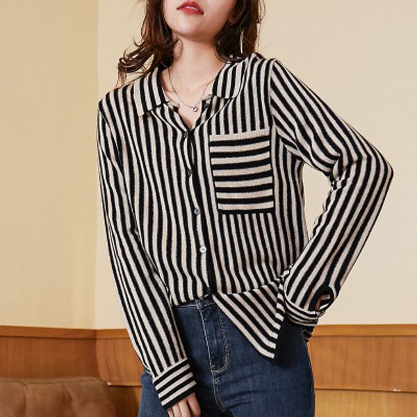 

high fashion design stripe long sleeved shirt loose lapel neck wool shirt for woman feel like 80th century a50, White