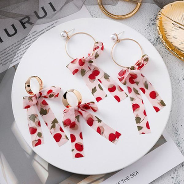 

korea 2019 beach sea ear accessories peach print chiffon bowknot drop earrings for women geometric circle oorbellen, Silver