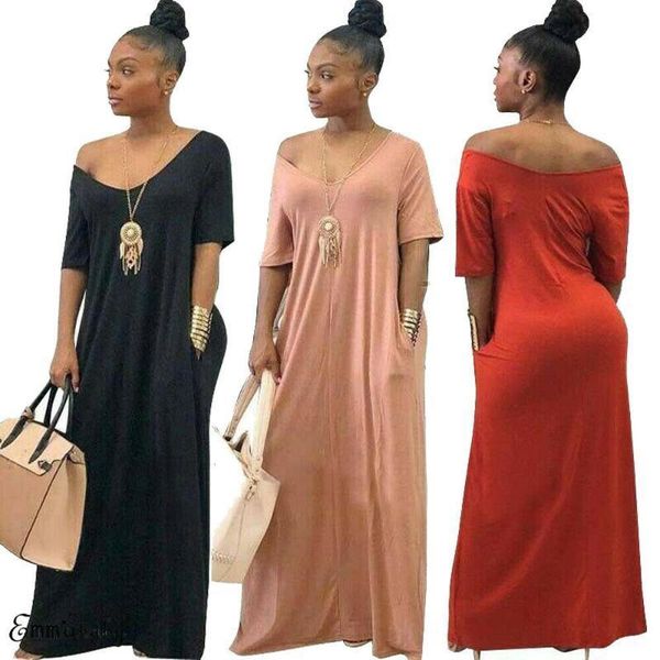 

new style women womens off shoulder v neck long loose dress with pocket pure color short sleeve oversize v neck sundress, Black;gray