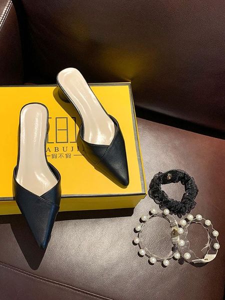 

slippers women autumn 2020 new fashion pointed thick heeled mules, Black