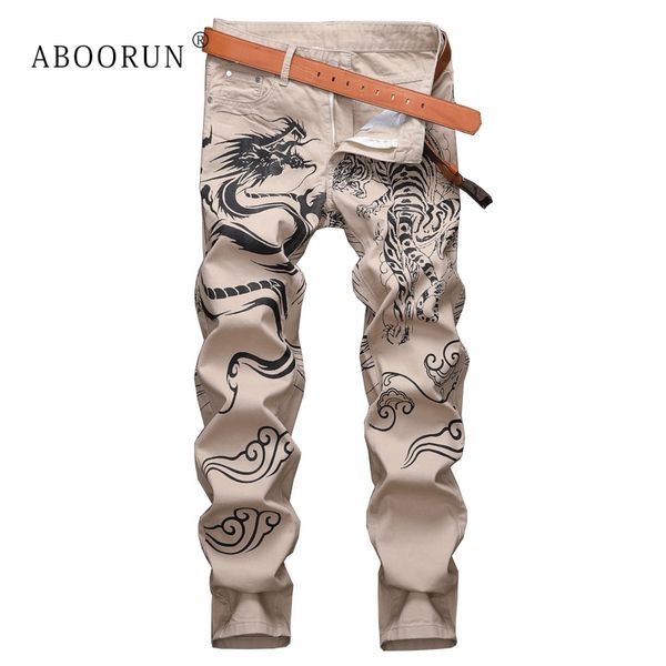 

aboorun fashion dragon tiger wolf printed jeans men's skinny pencil jeans nightclub hairstylist wearing for male, Blue