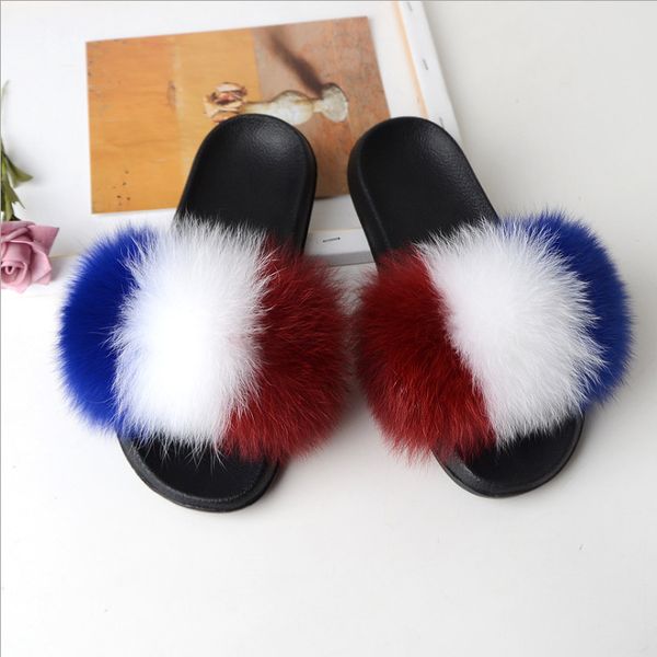 

new style soft women custom fox fur women indoor slippers sandals, Black