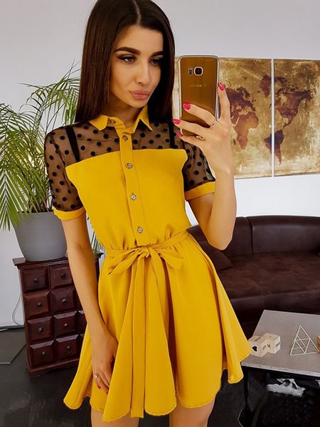 

womens dress womens dresses women dress 2019 dot lace patchwork turn down collar shirt dresses summer a line short sleeve casual mini, Black;gray