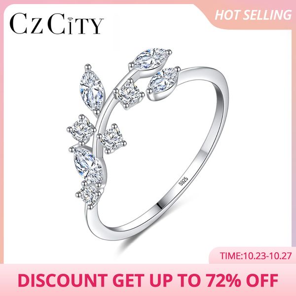 

czcity korean 925 sterling silver handmade olive leaf rings for women exquisite cz stone adjustable open ring silver 925 jewelry, Golden;silver