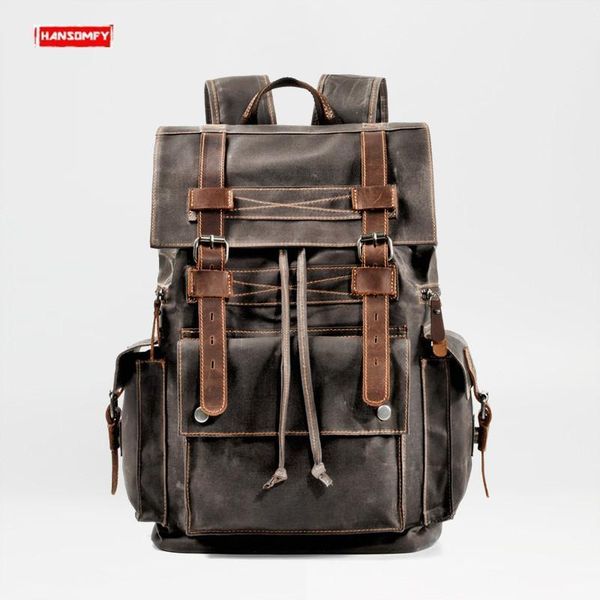 

retro canvas men's backpack large capacity leather travel backpacks tooling computer bag