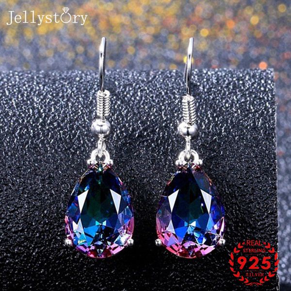 

jellystory 925 silver drop earrings with water drop shaped rainbow gemstones for women fine jewelry wedding party gift wholesale, Golden;silver