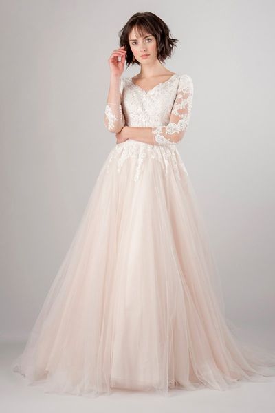 

2019 new a line v neck lace tulle mode t wedding dre with 3 4 leeve champagne button back ld wedding gown leeved