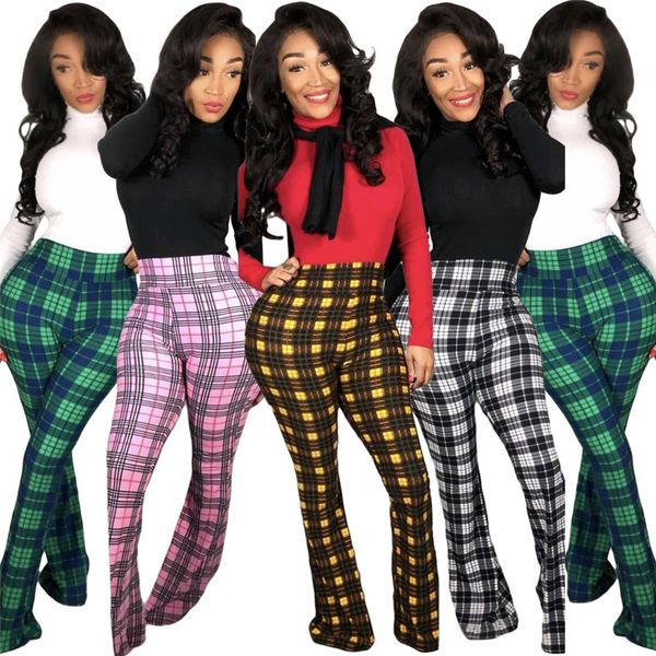 

autumn designer plaid womens capris fashion female flare pants casual ladies skinny panelled apparel with elastic waist, Black;white