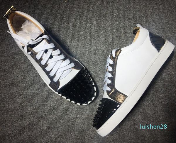 

2019 designer luxury men red bottoms shoes studded spikes low flats casual sneakers for men wedding party dress leather l28, Black