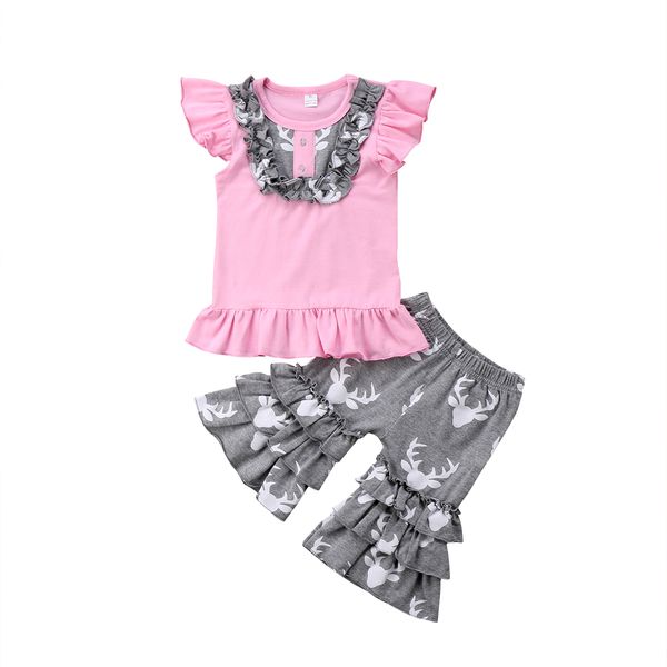 

2шт дети baby girls fly sleeve топы с коротким рукавом футболка + короткие брюки рябить наряды комплект одежды лето 2019, White