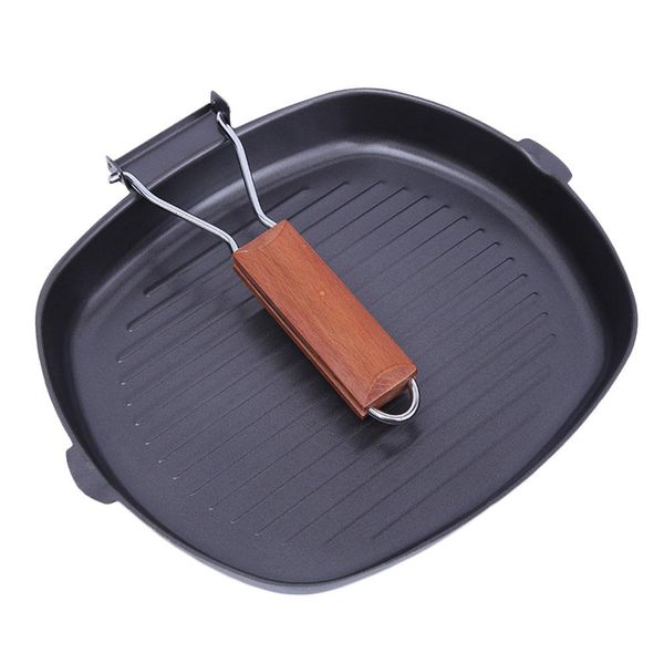 

tpfocus non-sticky steak frying pan with wooden folding handle portable square grill pan kitchen accessory wok simple durable