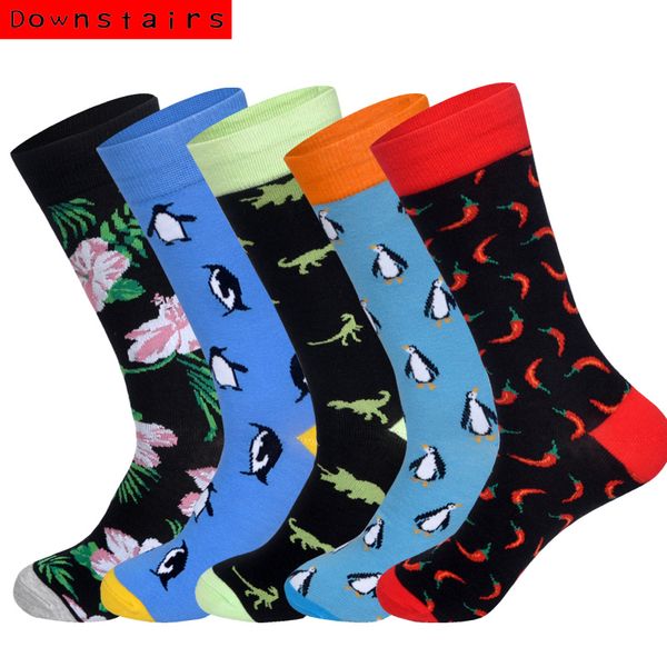 

downstairs 5pairs/lot men socks 2019 autumn skateboarding penguin pepper british style happy socks chaussettes, Black