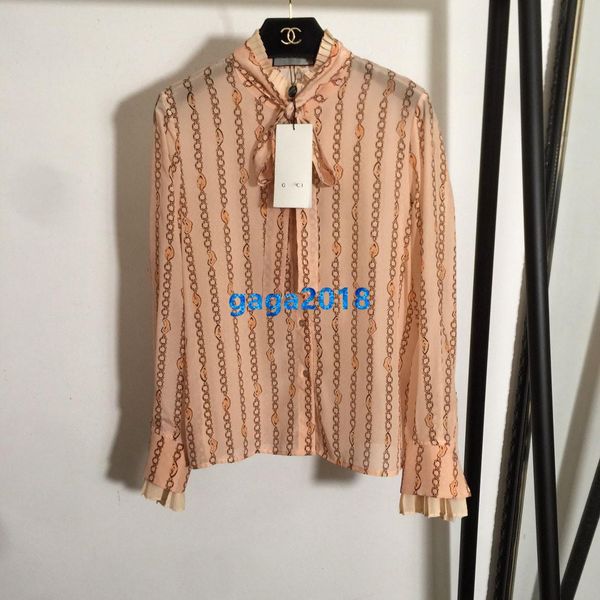 

high end женщины девушки шелковая рубашка лоскутная цепь мотив однобортный плиссированные шеи лук с длинным рукавом тройник блузка мода диза, White