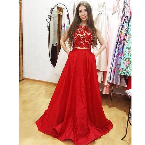 Clássico Vermelho Duas Peças Prom Vestidos Com Bolso Jóia Pescoço Rendas Apliques Top Homecoming Vestido Até O Chão de Cetim Vestidos de Baile