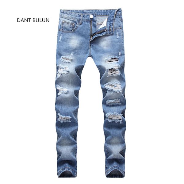 

2018 new fashion men holes jeans european high street motorcycle biker jeans men hip hop ripped slim pants dropshipping, Blue