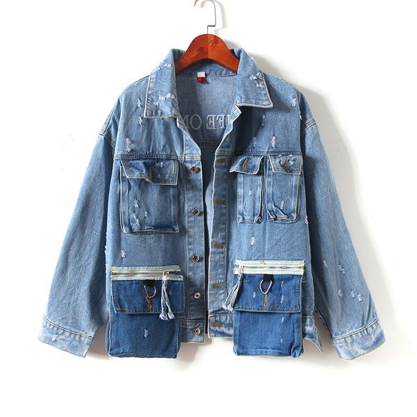 

autumn big pocket embroidery denim jacket fashion single breasted button jeans jackets women harajuku vintage holes basic coats, Black;brown