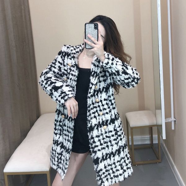 

tvvovvin plaid long sleeve double-breasted loose woman woolen coat casual simple fashion 2019 autumn winter jacket new f210, Black