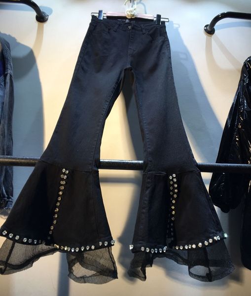

2019 fall/winter denim pants female new heavy industry diamond spliced gauze jean women high waist slim flare jeans girl trouser, Blue