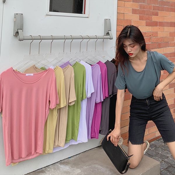 

with enjun] a * 411 casual skin-friendly soft modal t-shirt women's -colored v-neck candy t-shirt candy short sleeve top, White