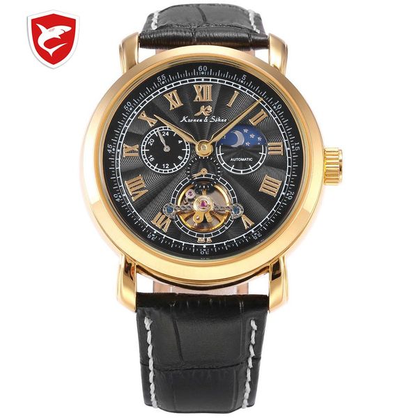 

brand navigator sun moon display automatic mechanical self wind tourbillion black dial black leather strap mens watch / 221, Slivery;brown
