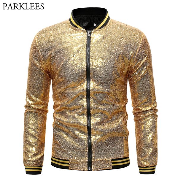 

mens shiny gold sequin varsity jacket coat 2019 new bling glitter nightclub disco dj jacket bomber men party stage prom chaqueta, Black;brown